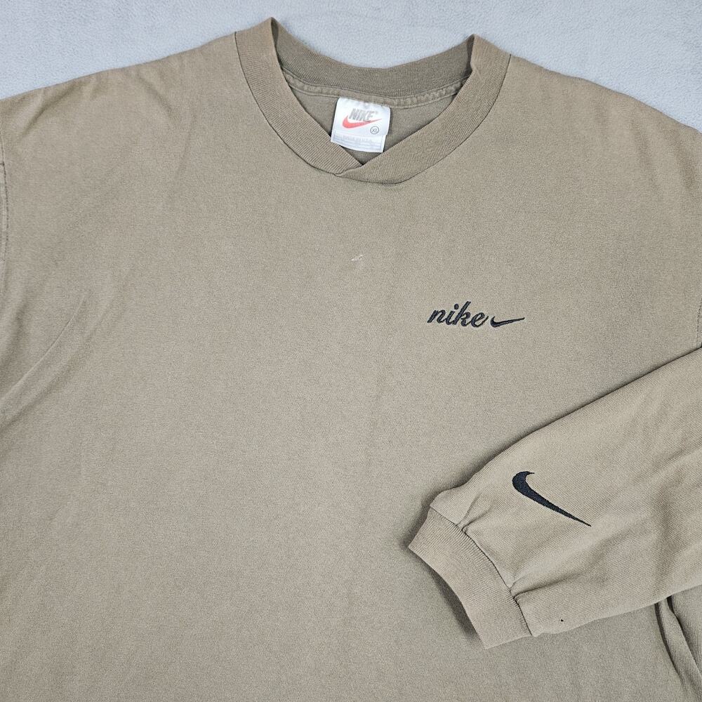 Vintage Nike Shirt Mens XL Brown Long Sleeve Swoosh Logo Made in USA 90s Faded